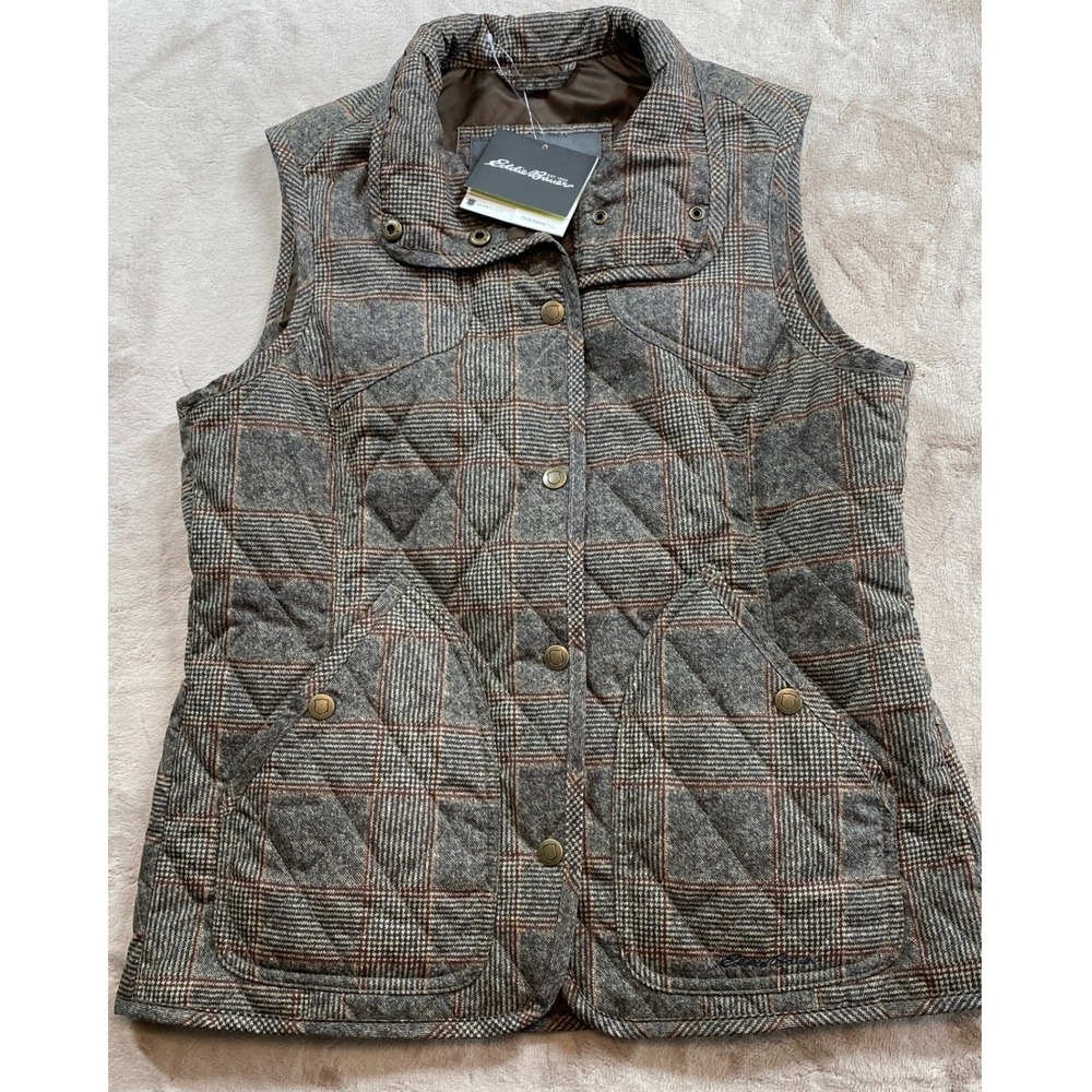 NWT Eddie Bauer SportShop Womens Small Plaid Quilted Vest Brown Gray ThermaFill